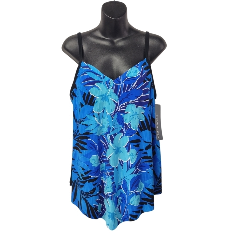 Trimshaper Blue Floral Tankini Top Size 12 NWT Tummy Control Swimsuit NWT